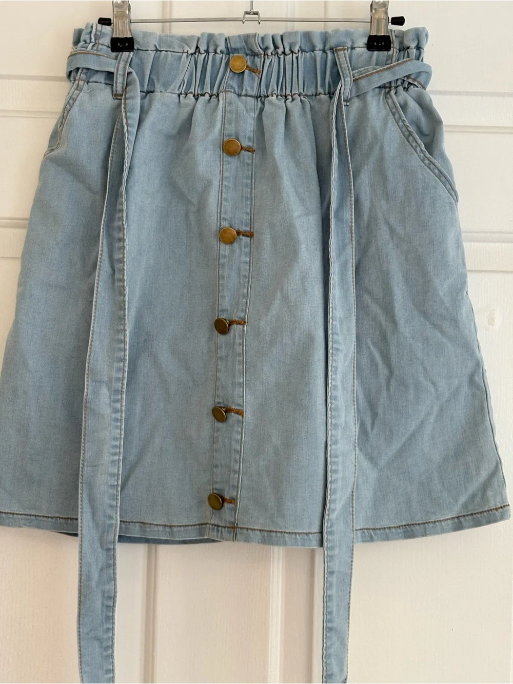 Light Blue Denim Button-Front Paperbag Mini Skirt